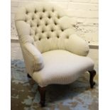 ARMCHAIR, 82cm H x 66cm x 74cm, Victorian manner in buttoned ticking.