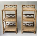 LAMP TABLES, 66cm H x 34cm W x 34cm D, a pair, rattan and cane bound each with three wicker panelled