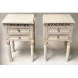 BEDSIDE CHESTS, a pair, French style grey painted, pierced back with two drawers, 40cm W x 32cm D