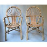 CONSERVATORY ARMCHAIRS, a pair, vintage rattan, bamboo and cane bound with fan backs, 57cm W. (2)