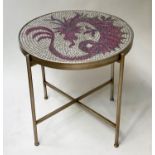 OCCASIONAL TABLE, circular micro and mosaic enamelled dragon top and metal supports, 55cm diam.