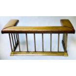 CLUB FENDER, Early 20th century green leather upholstered seat raised upon spiral twist brass