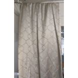 CURTAINS, a pair, silver grey fabric, lined and interlined geometric pattern. Approximately 120cm