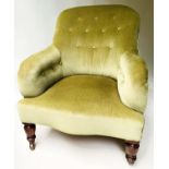 ARMCHAIR, Victorian button green velvet, with rounded back and arms, 64cm W.