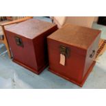 CHINESE TRUNKS, a pair, each 50cm x 50cm x 51cm H red lacquer with rattan inlaid rising lids. (2)