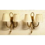 WALL LIGHTS, a pair, 35cm H twin branch, each with rope twist detail and cream shades. (2)