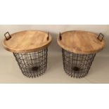 LOG BASKETS, a pair, 62cm x 47cm diam, with wooden tray tops. (2)