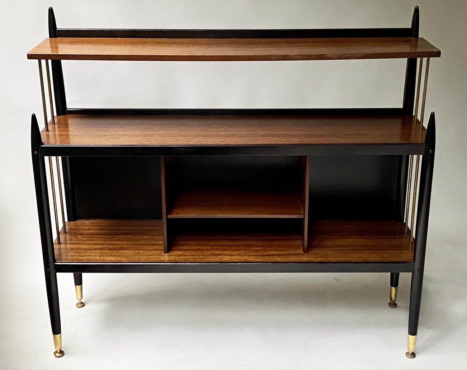 BOOKCASE, mid 20th century, teak and ebonised, with brass caps, 104cm x 98cm H x 32cm.