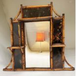 WALL MIRROR, 19th century bamboo framed and Japanese lacquer panelled with bevelled mirror and