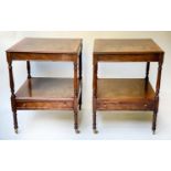 LAMP TABLES, a pair, George III style, flame mahogany, each with drawer and undertier, 46cm W x 46cm