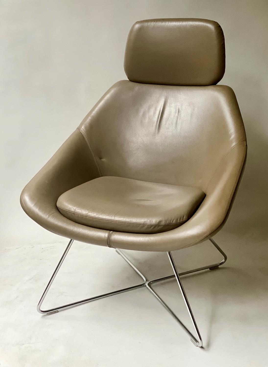 ALLERMUIR HATELE ARMCHAIR, in taupe leather, with chromium frame. 747cm W