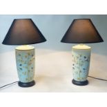 TABLE LAMPS, a pair, ceramic vase form with birds and wooden bases, 56cm H. (2)