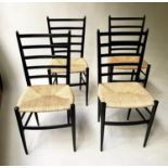 GIO PONTI STYLE CHAIRS, a set of four, ebonised and rush scarlet, 90cm H. (4)