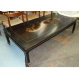 LOW TABLE, 90cm x 48cm H x 178cm, black with gilt Chinoiserie detail.