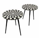 SIDE TABLES, a pair, 1970's Italian design, circular inlaid tops on tripod metal legs, 46cm H x 41cm