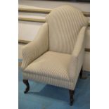ARMCHAIR, 93cm H x 61cm W x 62cm D, ticking upholstered on beechwood legs and Victorian ceramic