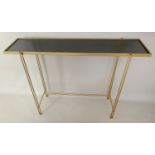 CONSOLE TABLE, 73cm x 102cm x 29cm, gilt metal, smoked glass top.