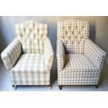 ARMCHAIRS, two, both early 20th century English and both in taupe check cotton upholstery, 70cm W