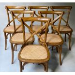 DINING CHAIRS, a set of six, Oka style ash bentwood and cane panelled with X backs. (6)