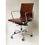 REVOLVING DESK CHAIR, Charles and Ray Eames inspired, ribbed leather revolving and reclining on an