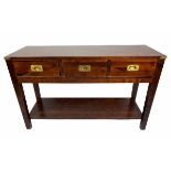 CAMPAIGN STYLE HALL TABLE, teak and brass bound, 83cm H x 136cm W x 46cm D.