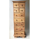 TALL CHEST, faded teak, with four short and five long drawers. 50cm W x 149cm H x 43cm D.