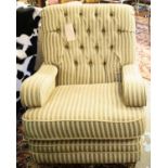 ARMCHAIR, 93cm H x 80cm W x 105cm D, striped upholstery with cushion seat and brass front castors.