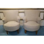 ARMCHAIRS, 79cm H x 69cm W x 80cm D a pair, 20th century in ticking upholstery (2)