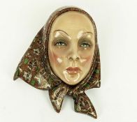 CERAMIC WALL MASK, 30cm x 23.5cm, Art Deco, hand painted, made by 'Lenci' of Turin, Italy, old paper