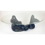 LOW TABLE, 121cm L x 60cm W x 50cm H, of bronze 'Mermaid' base and oval rimed glass top.