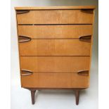CHEST, 1960'S oak, with five long drawers and inset hardwood handles, 85cm W x 43cm x 117cm H.
