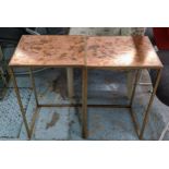 SIDE TABLES, a pair, 31cm x 38cm x 66cm H, in a weathered copper design. (2)