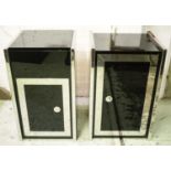 SIDE CABINETS, two, attributed to Willy Rizzo, black formica and chrome, each with door, one with