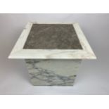MARBLE LOW TABLE, Italian, two tone square marble top on plinth base, 48cm H x 55cm x 55cm.