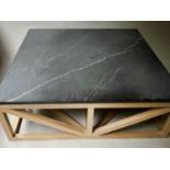 LOW TABLE, Large square striated grey marble on solid oak 'x' stretchered support, 135cm x 135cm x