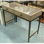 VANITY TABLE, 112cm x 50cm x 82cm, with two drawers, gilt detail, glass top.