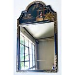 CHINESE WALL MIRROR, black lacquered and Chinoiserie decorated with arched crest, 113cm H x 61cm.