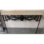 CONSOLE TABLE, Travertine top. wrought iron base 28CM d x 126cm W X 92cm T