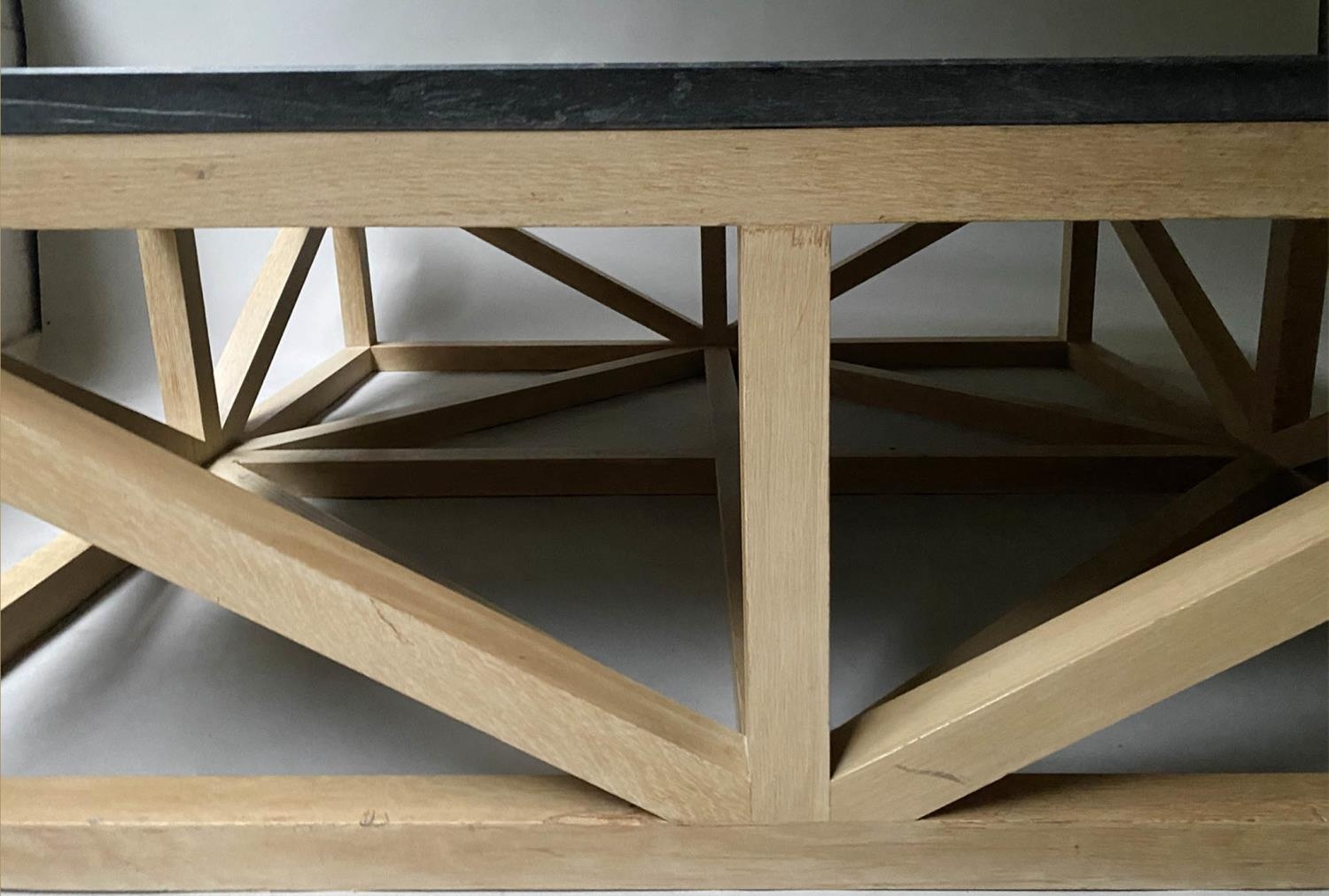 LOW TABLE, Large square striated grey marble on solid oak 'x' stretchered support, 135cm x 135cm x - Image 2 of 4