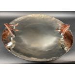 SERVING TRAY, large, nickel, faux horn handles, 63cm diam.