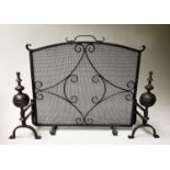 FIREGUARD, arched wrought iron and mesh together with a pair of fire dogs, 71cm x 58cm H. (3)