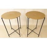 SIDE TABLES, a pair, 60cms x 40cms, 1950's Italian style, gilt metal tops (2).