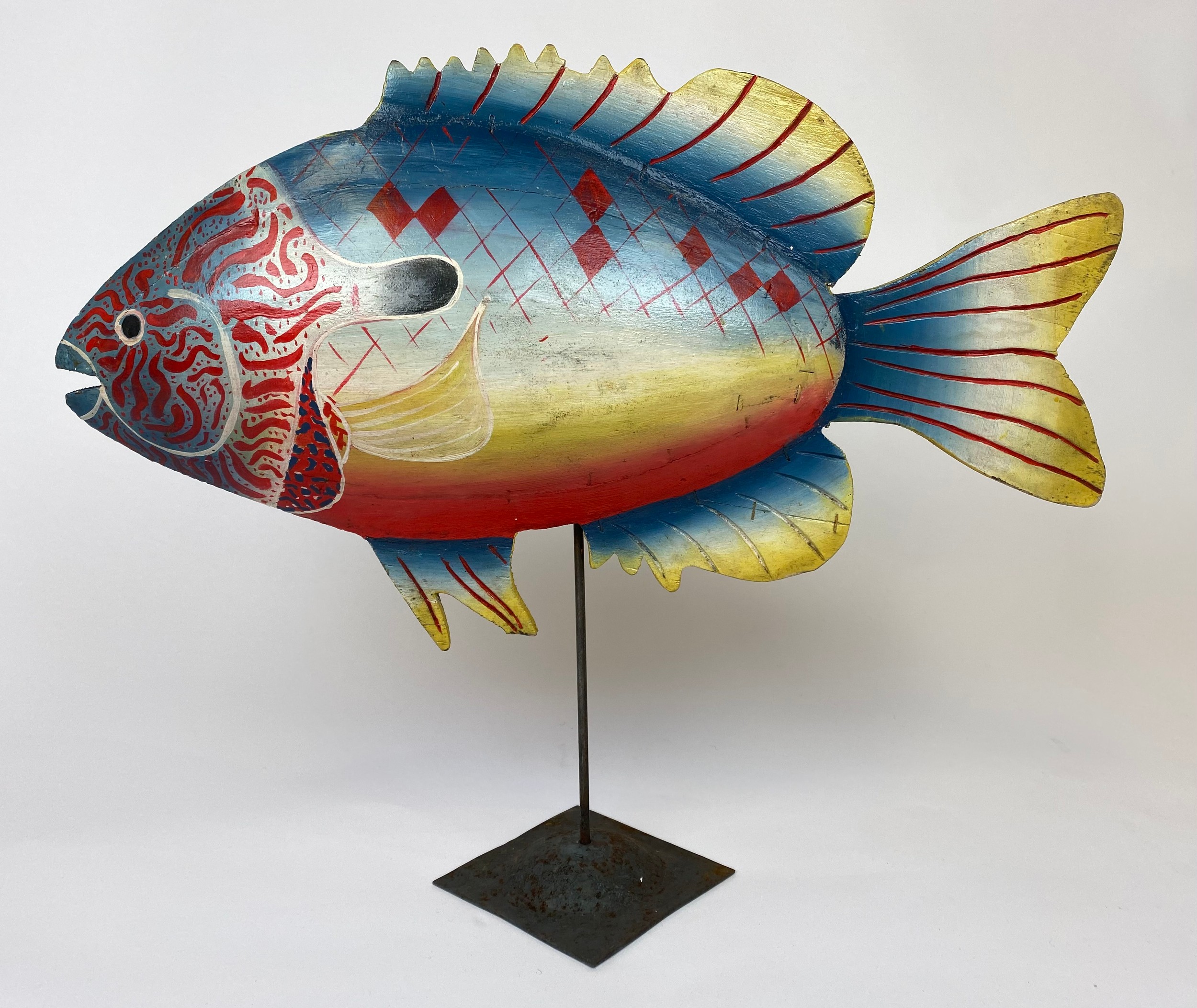 PARROT FISH ON STAND, carved and painted wood on metal stand, 60cm x 50cm H.