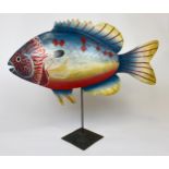 PARROT FISH ON STAND, carved and painted wood on metal stand, 60cm x 50cm H.