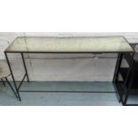 CONSOLE TABLE, antiqued mirrored top, 140cm x 41cm x 82cm.
