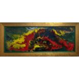 20th CENTURY SCHOOL 'Abstract Volcano', enamel on cardboard, 110cm x 40cm, framed.