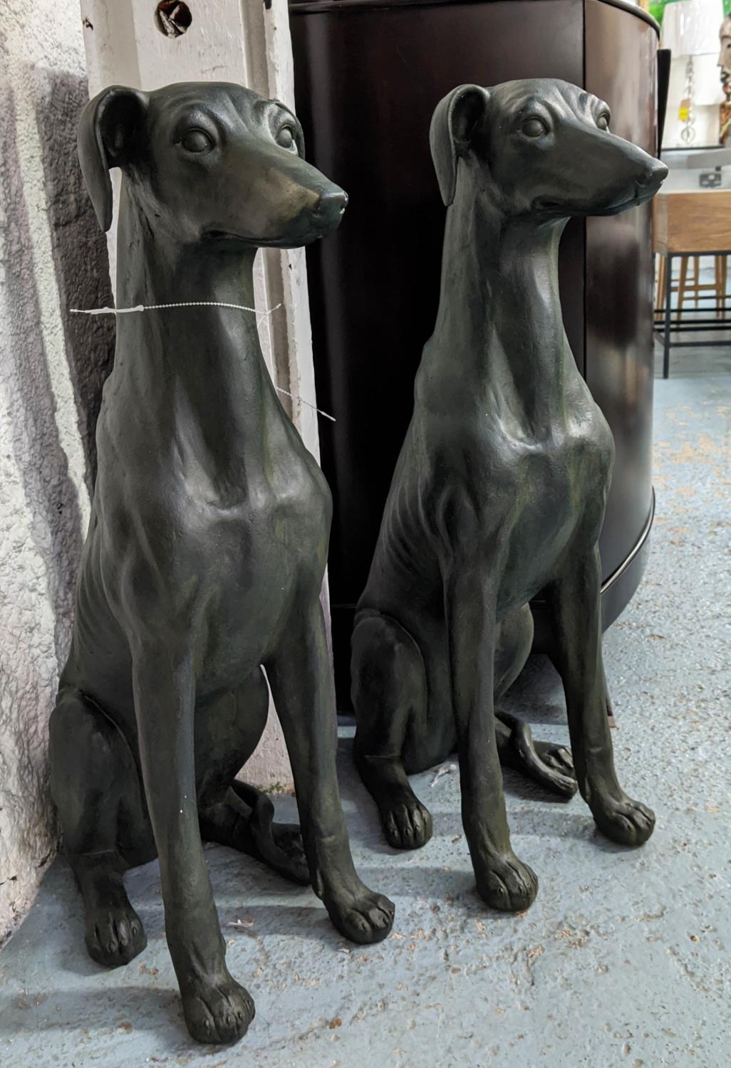 CONTEMPORARY SCHOOL SCULPTURAL HOUNDS, a pair, 74cm H. (2)