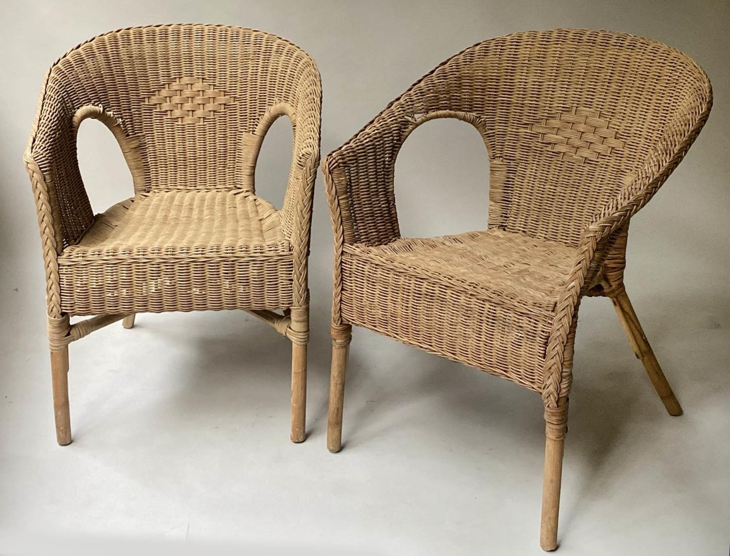 CANE ARMCHAIRS, a pair, rattan and cane woven, 59cm W. (2)