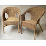 CANE ARMCHAIRS, a pair, rattan and cane woven, 59cm W. (2)