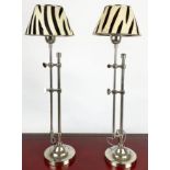 TABLE LAMPS, a pair, telescopic chrome column with zebra pattern painted hide shades, fully